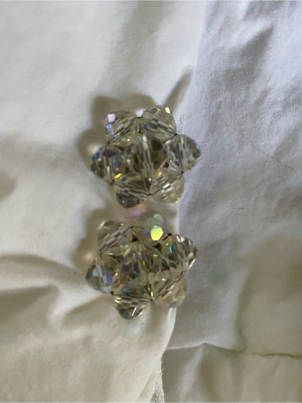 Vintage Crystal Cluster Clip-On Earrings in Clear Aurora Borealis